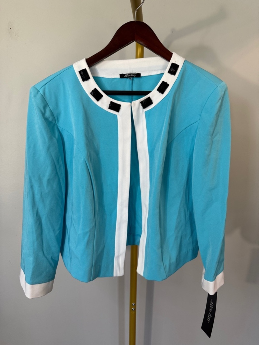 Allen Kay Turquoise Cropped Jacket with White Trim black beaded collar NEW 14